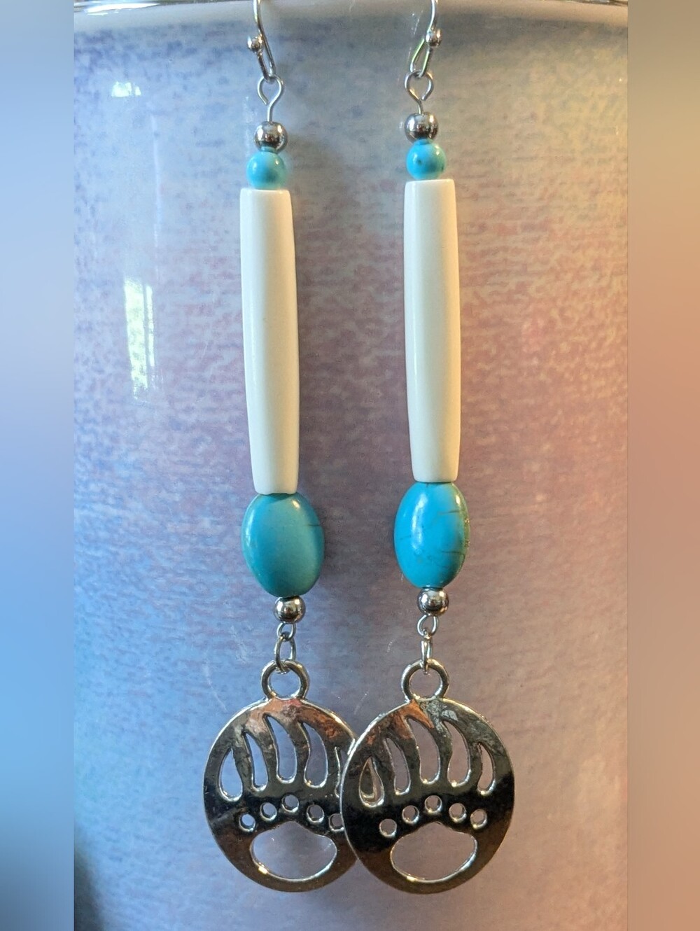Turquoise and Buffalo Bone Dangle Bear Paw Earrings